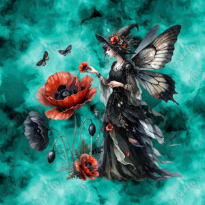 Fée et coquelicot rouge et noir fond aqua