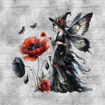 Fée et coquelicot rouge et noir fond gris