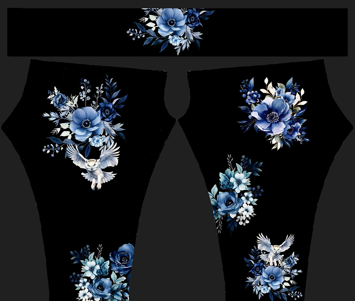 Fleur bleue et hibou fond noir Panneau legging