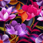 Fleur mauve et feuillage orangé fond noir