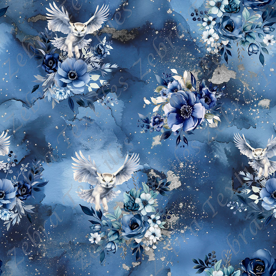 Hibou et fleur bleue fond bleu