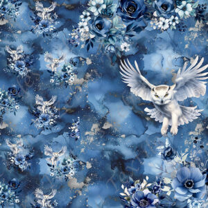 Hibou et fleur bleue fond bleu Panneau doudou