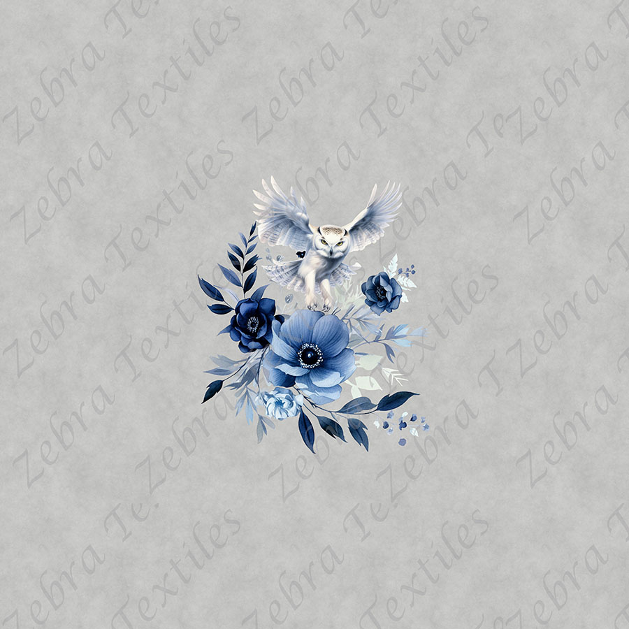 Hibou et fleur bleue fond gris