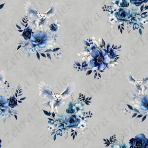 Hibou et fleur bleue fond gris