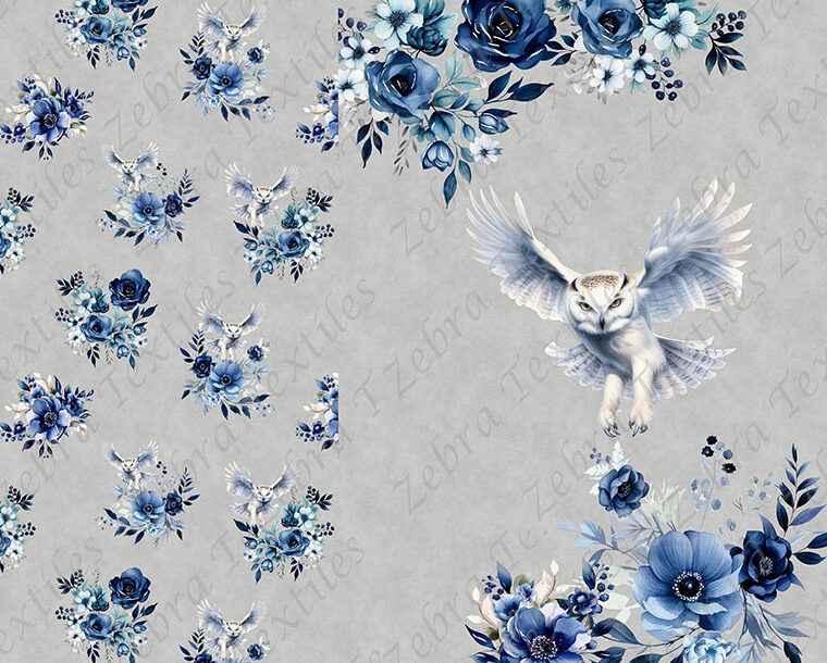 Hibou et fleur bleue fond gris Panneau