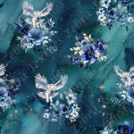 Hibou et fleur bleue fond marine sarcelle