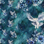 Hibou et fleur bleue fond marine sarcelle Panneau doudou