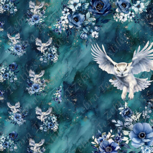 Hibou et fleur bleue fond marine sarcelle Panneau doudou