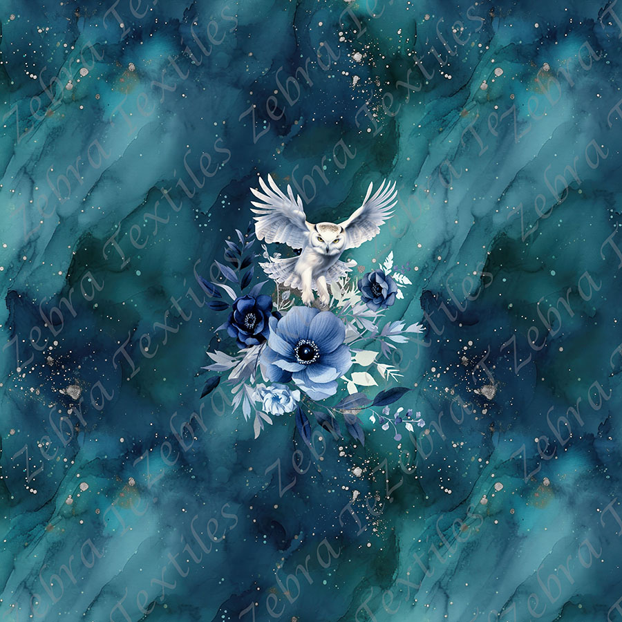 Hibou et fleur bleue fond marine sarcelle