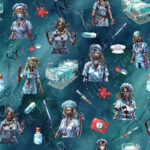 Infirmière zombie fond aqua