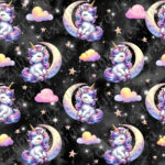 Licorne et lune fond noir étoilé