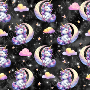Licorne et lune fond noir étoilé
