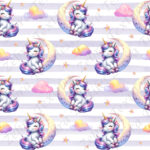 Licorne et lune fond rayé mauve