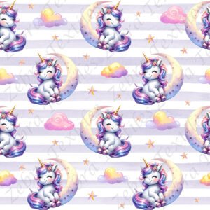 Licorne et lune fond rayé mauve