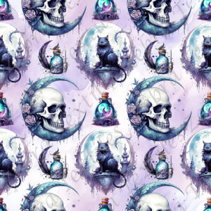 Lune skull et chat magique fond mauve