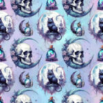 Lune skull et chat magique fond nuageux