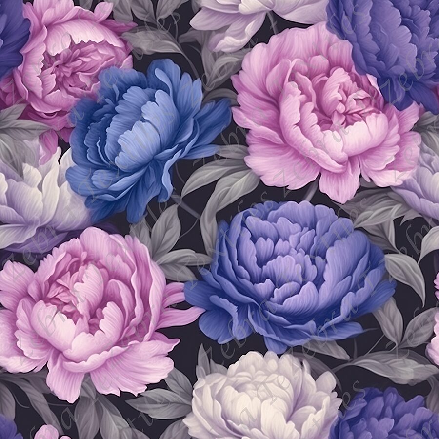 Pivoine rose et bleu fond noir