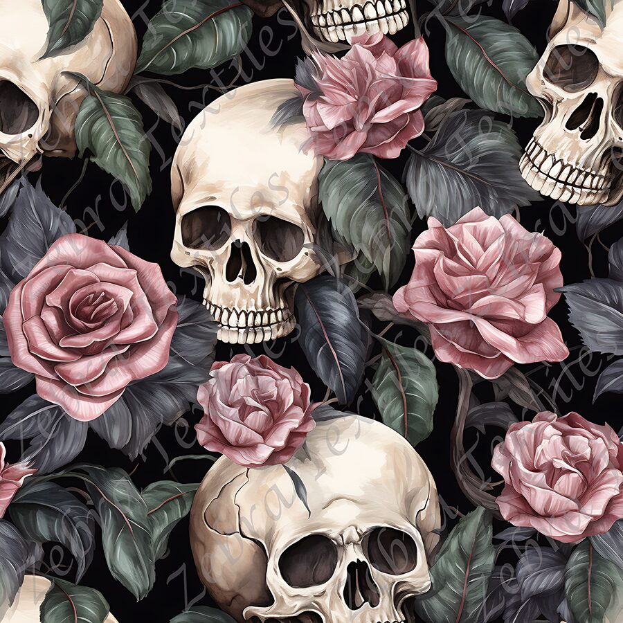 Skull et rose rosé fond noir