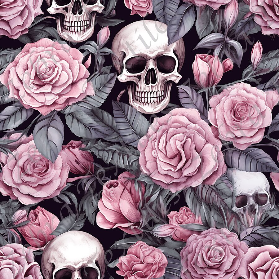 Skull fleur rose et feuillage