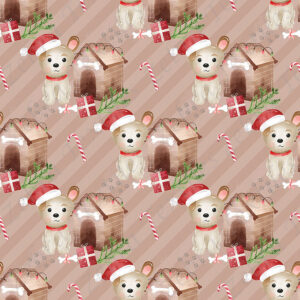 Chien de Noël et niche fond rayé