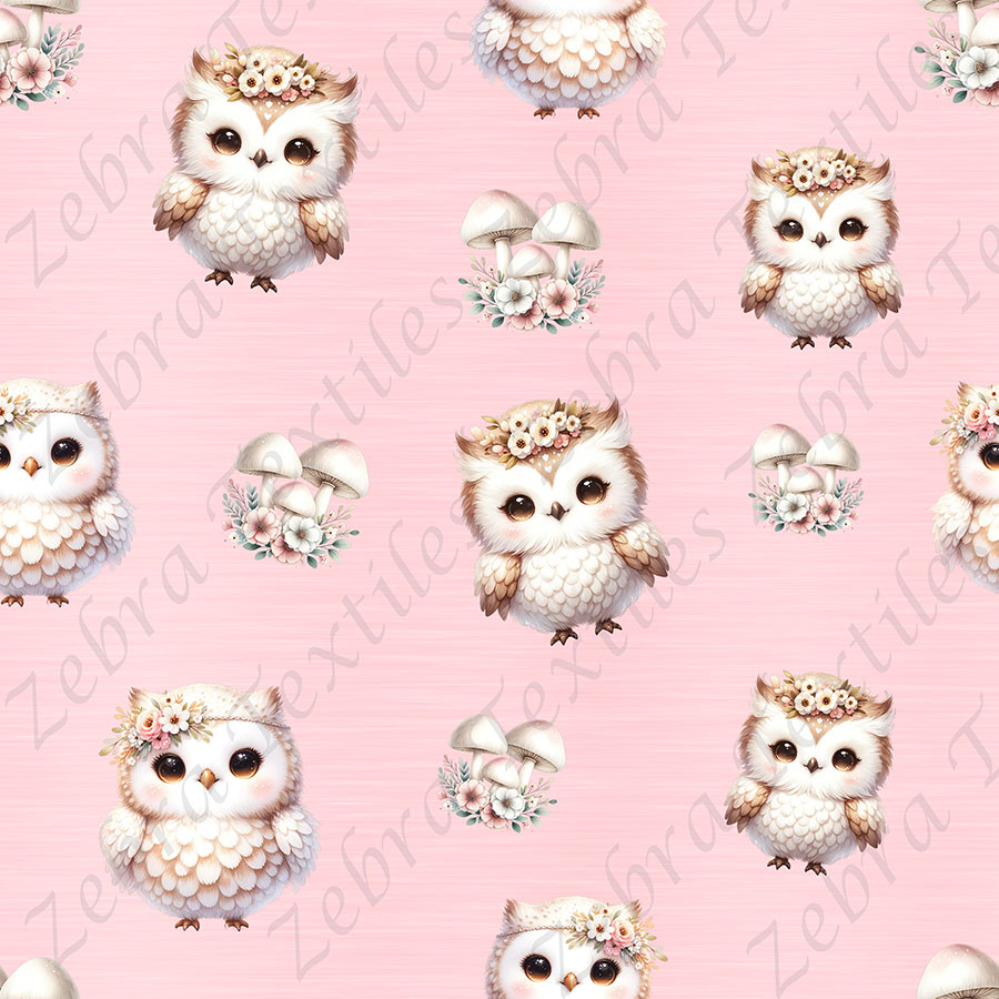 Hibou et champignon fond rose