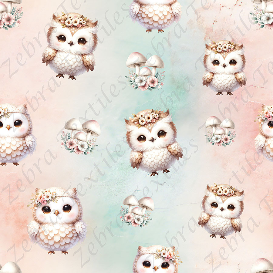 Hibou et champignon fond rose aqua