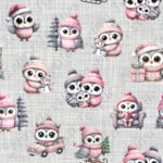 Hibou habillé rose fond lin gris