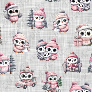 Hibou habillé rose fond lin gris