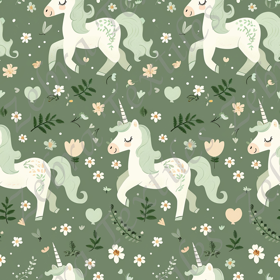 Licorne et fleur fond vert