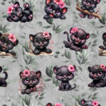Panthère noir et fleur fond gris