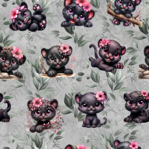 Panthère noir et fleur fond gris