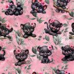 Panthère noir et fleur fond rose