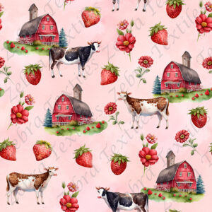 Vache et fraise fond rose