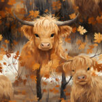 Vache highland et feuille orangé