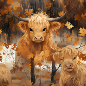 Vache highland et feuille orangé