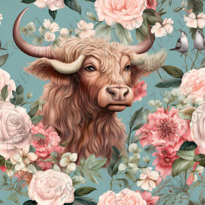 Vache vintage fleur rosé fond sarcelle