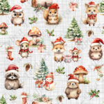 Animaux de la forêt Noël fond lin gris