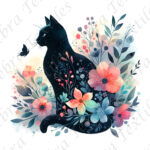 Chat noir floral fond blanc