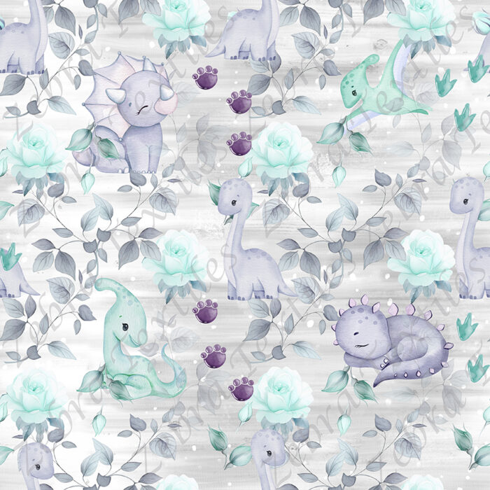 Dino mauve et turquoise fond gris