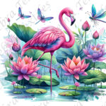 Flamant rose et libellule fond blanc