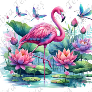 Flamant rose et libellule fond blanc