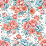Floral menthe corail fond blanc