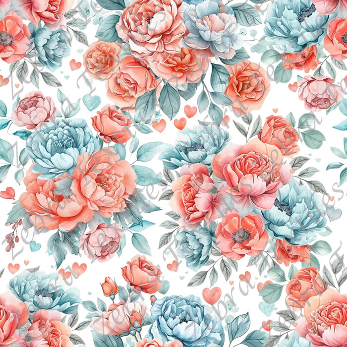 Floral menthe corail fond blanc