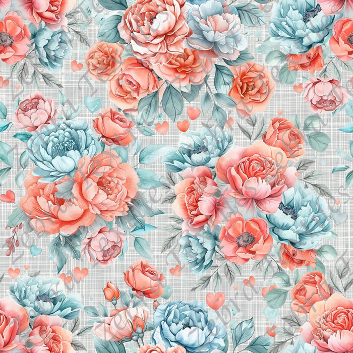 Floral menthe corail fond lin