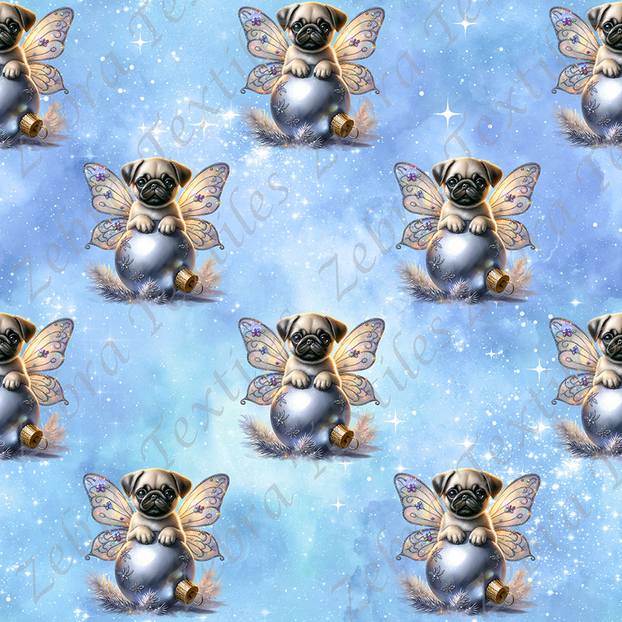 Pug papillon boule de Noël fond galaxie bleu