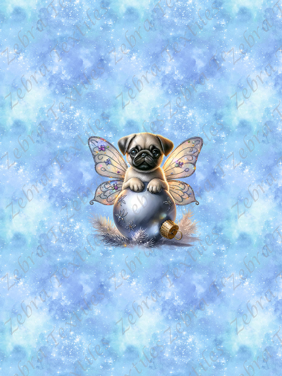 Pug papillon boule de Noël fond galaxie bleu