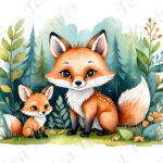 Renard et forêt fond blanc