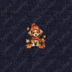 Chien et feuille d’automne fond lin marine Panneau enfant