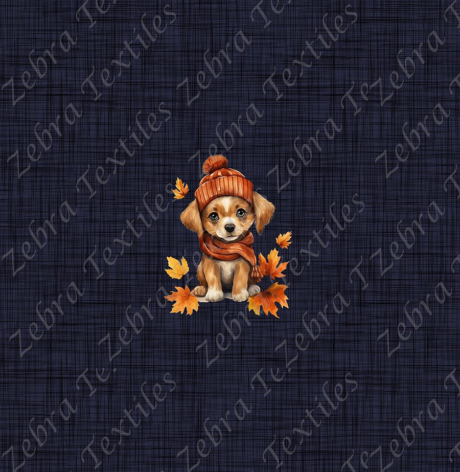 Chien et feuille d’automne fond lin marine Panneau enfant