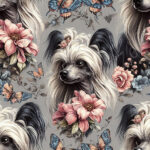 Chien nu et fleur rose fond gris